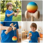 Kendama Cauciucata Curcubeu Grip 18 cm din Lemn Natural, Engros