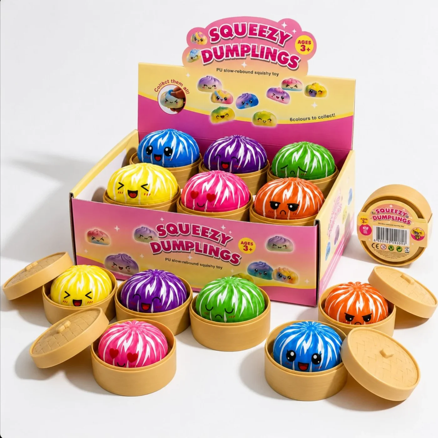 Jucarie Squishy Dumpling 12buc/set 9cm cu Dungi Albe, Engros