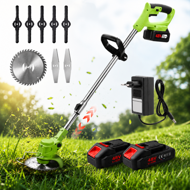 Motocoasa Electrica Fara Fir, Cu 2 Acumulatori 48V, 4000 mAh, 18000 RPM, Disc Metalic si 7 Accesorii
