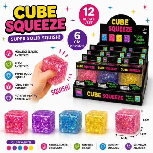 Cube Squeez 12 Buc/Set Jucarie Anti-Stres 6cm cu Sclipici , Engros