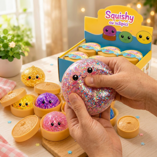 Jucarie Anti-Stres 12 Buc/Set Squishy Dumpling cu Sclipici 8.5 cm, Engros
