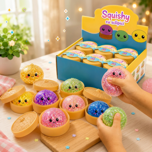 Jucarie Anti-Stres 12 Buc/Set Squishy Dumpling cu Sclipici 8.5 cm, Engros
