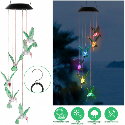 Lampa Solara Led Multicolor 67cm cu 6 Pasari Tip Clopotei, Engros