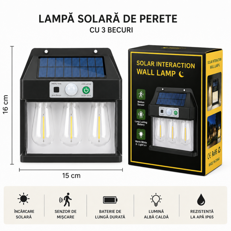 Lampa Solara cu 3 Becuri Retro 15x16 cm Model Ieftin Lumina Alb Cald 2700k, Engros