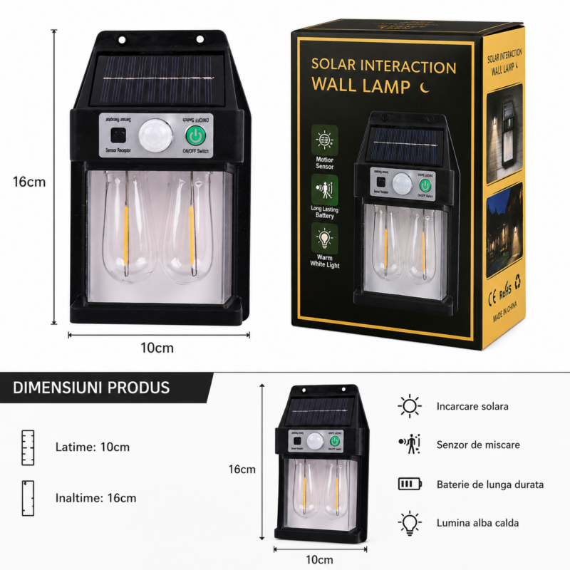 Lampa Solara cu 2 Becuri Retro 10x16 cm Model Ieftin Lumina Alb Cald 2700k, Engros